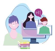 formación en línea, tarea de los estudiantes con computadoras y libros, cursos de desarrollo de conocimientos mediante internet vector