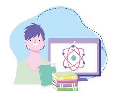 online training, student class science computer and books, courses knowledge development using internet vector