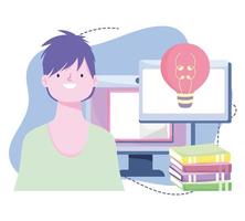 online training, student computer and books, courses knowledge development using internet vector