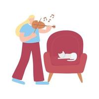 stay at home, girl with fiddle and cat on chair, self isolation, activities in quarantine for coronavirus vector