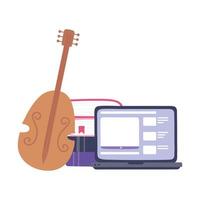 Instrumento de violín con laptop y pila de imagen de libros vector