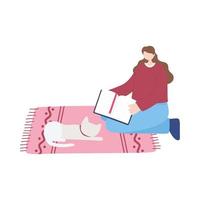 Mujer joven con libro y gato en alfombra icono aislado fondo blanco. vector