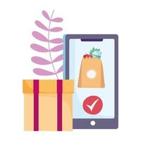 safe delivery at home during coronavirus  covid 19 , smartphone cardboard box grocery bag food check mark app vector