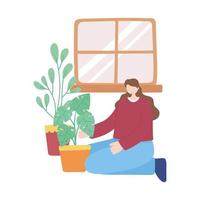 stay at home, girl takes care for houseplants, self isolation, activities in quarantine for coronavirus