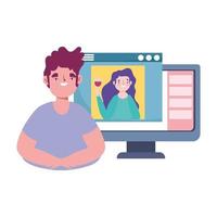 online party, birthday or meeting friends, man talking with woman in website computer celebration vector