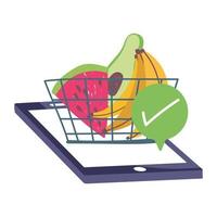 online market, smartphone basket check mark fruits, food delivery in grocery store vector