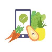 mercado online, smartphone zanahorias papaya y piña comida tienda de abarrotes entrega a domicilio vector