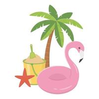 summer travel and vacation float flamingo sand bucket shovel palm tree vector