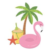 verano viajes y vacaciones flotador flamingo arena cubo pala palmera vector