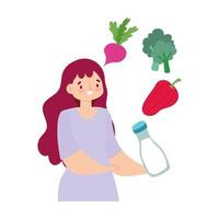 Mujer joven con verduras de alimentos saludables y diseño aislado de botella de leche vector