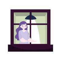 mujer joven, mirar ventana, con, lámpara vector