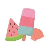 summer travel and vacation beach ice cream watermelon and shell isolated design icon vector