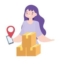 safe delivery at home during coronavirus  covid 19 , customer woman cardboard boxes mobile app location pointer vector