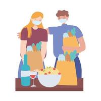 covid 19 coronavirus social distancing prevention, couple with face mask holding grocery bags keeping distance vector