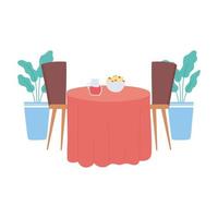 mesa interior de restaurante con comida y bebida, sillas de ventana y decoración de plantas vector