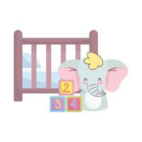 baby shower, cute elephant crib blocks decoration, announce newborn welcome card vector