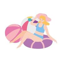 summer time girl with hat float and balls vacation tourist vector