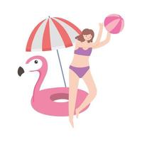 summer time vacation tourist girl playing with ball umbrella and flamingo float vector