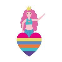 Desfile del orgullo de la comunidad lgbt, mujer joven con celebración de corazón y corona de arco iris vector