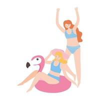 summer time vacation tourism young women with flamingo float and swimsuits vector