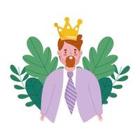 happy fathers day, bearded man with gold crown foliage decoration vector