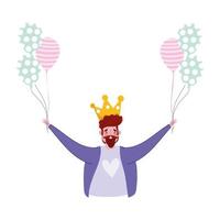 happy fathers day, dad character with crown and balloons vector