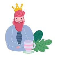 happy fathers day, man with crown and coffee cup cartoon vector