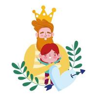 happy fathers day, bearded dad with crown hugging a son, heart pierced arrow vector