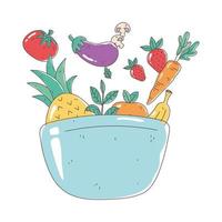 Recipiente con frutas y verduras nutrición fresca alimentos saludables diseño de icono aislado vector