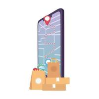 covid-19 coronavirus pandemic, delivery service, location map and smartphone online order boxes and grocery bag vector