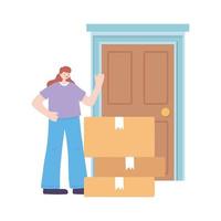 covid-19 coronavirus pandemic, delivery service, customer woman with boxes in door home vector