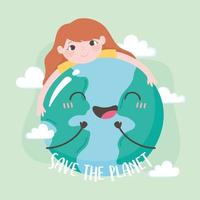 save the planet, little girl hugging earth map vector