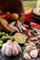 Papaya salad ingredients with fermented fish photo