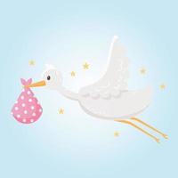 baby shower, linda cigüeña voladora con recién nacido en manta vector