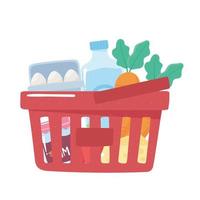 basket with carrot eggs water bottle and cheese, grocery purchases vector