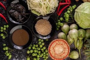 Papaya salad ingredients with fermented fish photo