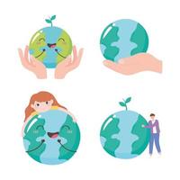 save the planet, set globe map hands and people care icons vector