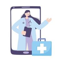 telemedicina, portapapeles y maleta doctora, tratamiento de consulta remota por teléfono inteligente y servicios de atención médica en línea vector