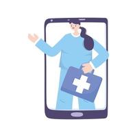 telemedicine, female doctor smartphone kit first aid, remote consultation treatment and online healthcare services vector