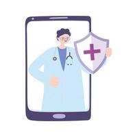 telemedicina, teléfono inteligente médico masculino médico escudo medicación vector