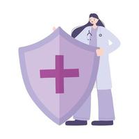 telemedicine, female doctor shield medical treatment and online healthcare services vector