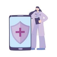 telemedicine, female doctor smartphone medical treatment and online healthcare services vector