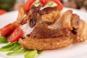 Pork belly on streamed rice with vegetables photo