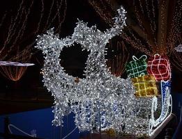 Sleigh with reindeer and white lights at Christmas photo