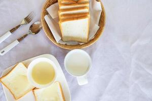 Top view of toast and dipping sauce photo