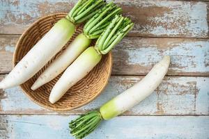 Top view of radishes in a wooden basket photo