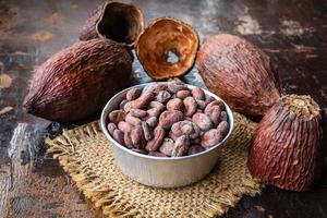 Cocoa beans in a bowl on a table photo