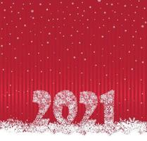 Feliz año nuevo fondo rojo cortina festiva y nieve. Diseño de tarjeta de felicitación de vacaciones de invierno con papel tapiz de nieve. tarjeta de felicitación con letras 2021 hecha de copos de nieve vector