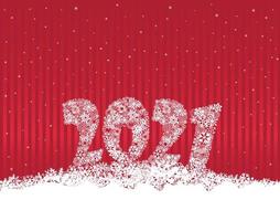 Feliz año nuevo fondo rojo cortina festiva y nieve. Diseño de tarjeta de felicitación de vacaciones de invierno con papel tapiz de nieve. tarjeta de felicitación con letras 2021 hecha de copos de nieve vector