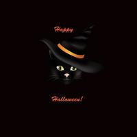 gato con sombrero. gato negro mirando a la cámara con sombrero de halloween con letras feliz halloween. Ilustración divertida de vacaciones para el fondo de la tarjeta de felicitación vector